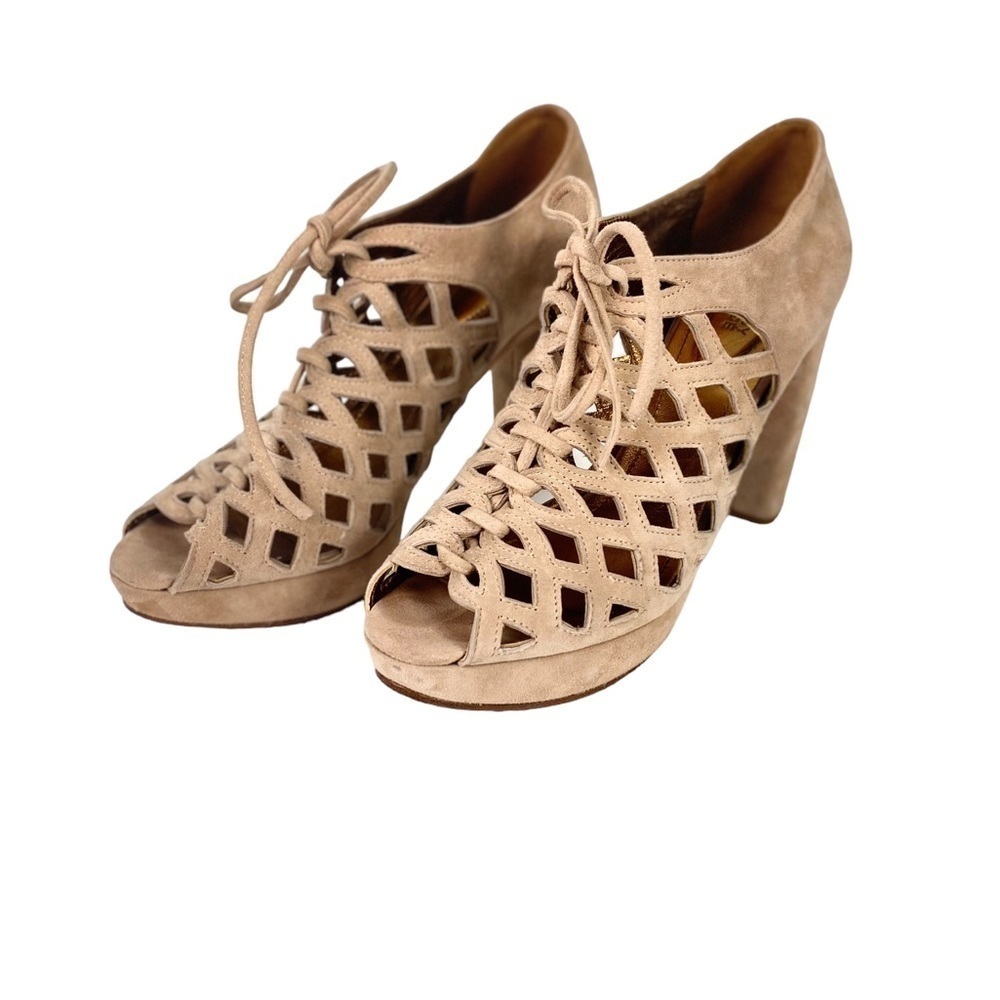 SEE by CHLOE caged lattice lace up open toe platform suede block heels